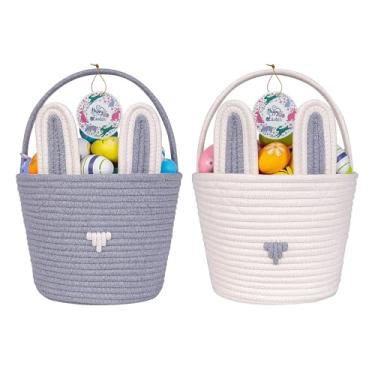 Imagem de Cestas de Páscoa para crianças e meninos: cesta grande de coelhinho de algodão - Cesta de Páscoa vazia para bebês com cabo de corda dupla - Cestas de presente de Páscoa duráveis para festas pesadas de