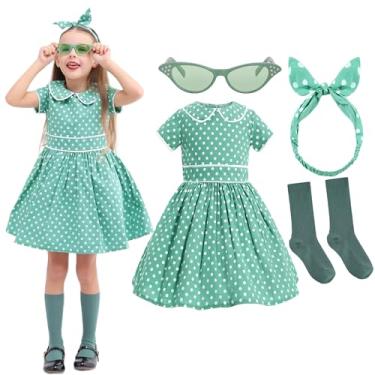 Imagem de Leadtex Vestido vintage Audrey Roakabilly da década de 1950, retrô, festa, evasê, algodão, com faixa de cabeça, meias, óculos (verde sem anágua, 5 a 6 anos)