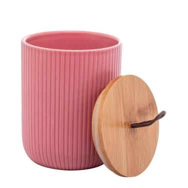 Imagem de Potiche De Cerâmica Rosa Com Tampa De Bambu E Pegador Em Corda Lines 2667 - Lyor
