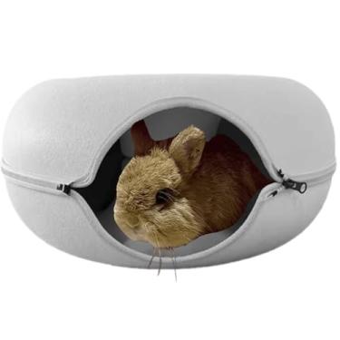 Imagem de Cama de coelho, cama de caverna Peekaboo para chinchilas de porquinhos-da-índia, túnel de donut para coelhos, casa de animais pequenos, feltro redondo removível e túnel de jogo interno lavável (cinza
