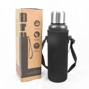 Imagem de Garrafa Térmica de Aço Inoxidável 1000ml Preta Portátil Vácuo C/ Alça 