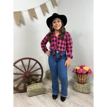 Imagem de Conjunto Xadrez Infantil Blusa Flanela e Calça Jeans Flare Moda Menina
