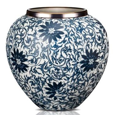 Imagem de Mimorou Vasos azuis e brancos de cerâmica vintage chinoiserie floral 21 cm H terracota floral redondo rústico vaso grande para decoração de casa centro de mesa decoração de sala de estar (crisântemo)