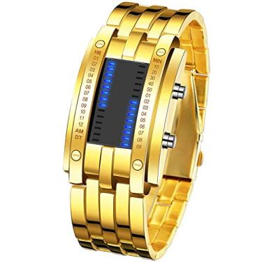 Imagem de Relógio de pulso masculino clássico banhado a aço inoxidável banhado a preto com LED digital azul quadrado binário à prova d'água, Dourado