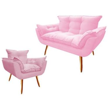 Imagem de Kit Namoradeira + Poltrona Decorativa Opala Suede Rosa Bebê Pés Madeir