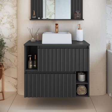 Imagem de Gabinete De Banheiro Suspenso 75cm Luiza Com 2 Portas Basculante Com Cuba Grafite