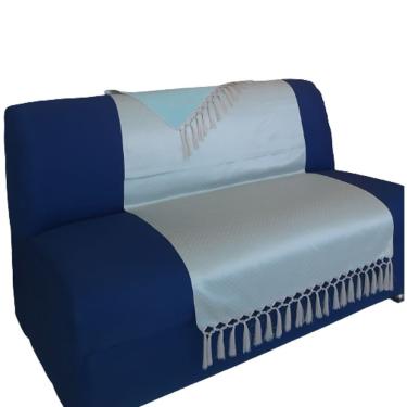 Imagem de Capa Manta Sofá Sala Xalé Bege Turquesa Jacquard 0,90x1,80