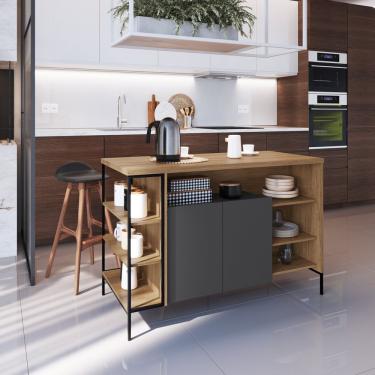 Imagem de Mesa Bancada Gourmet Estilo Industrial 131cm Com Armario 2 Portas Preto Mel Grafite