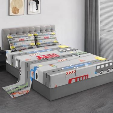 Imagem de Pamnest Jogo de lençol casal, carro, ônibus, caminhão, 4 peças, decoração de quarto de crianças e adultos, lençol com elástico e 2 fronhas