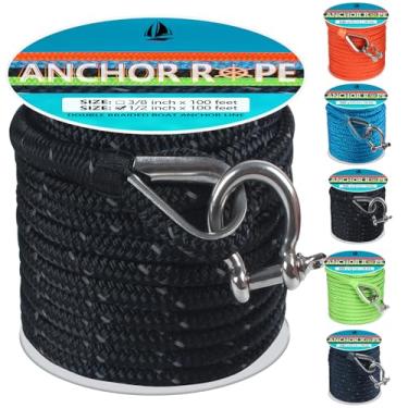 Imagem de Corda de âncora 30 pés 1/5.1 cm, linha de âncora trançada dupla com dedal e manilha de aço inoxidável 316, corda de âncora de barco ideal para reboque, amarração, deck, ancoragem, barcos de até 90 cm