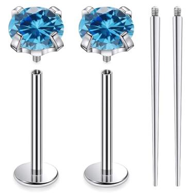 Imagem de Ruifan ASTM F136 Piercing de titânio bochecha joia de barra internamente roscada com costas planas anéis de língua azul oceano zircônia cúbica sólido titânio labret piercing corporal joias para