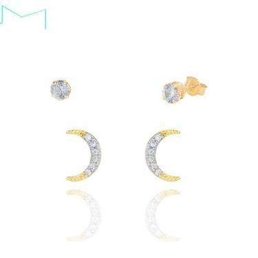 Imagem de Brinco Feminino 2 Furos Cravejado Lua Ponto de Luz Banhado - Santo Est