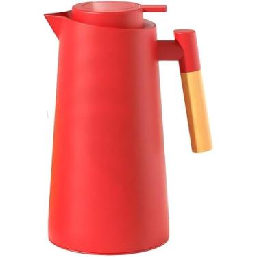 Imagem de Garrafa Térmica com Cabo de Madeira, 1 Litro, Vermelha, Aço Inox, 25cm x 13cm