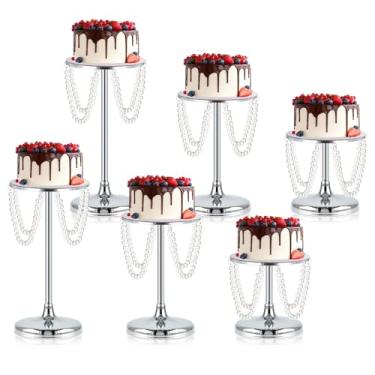 Imagem de Conjunto de 3 suportes redondos dourados para bolo de pérolas, mesa de sobremesa, conjunto de suporte de exibição de bolo de metal com pingente de pérola, suporte de base de bolo de aniversário de