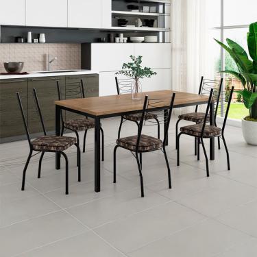 Imagem de Conjunto de Mesa Retangular com Tampo de MDP Amadeirado e 6 Cadeiras Adriana I Revestimento Sintético Palha e Preto