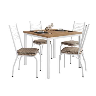 Imagem de Conjunto de Mesa Quadrada com Tampo MDP e 4 Cadeiras Adriana Revestimento Sintético Bege Rattan e Branco