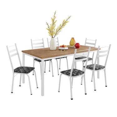 Imagem de Conjunto de Mesa Retangular com Tampo de MDP Amadeirado e 6 Cadeiras Adriana III Revestimento Sintético Silver e Branco