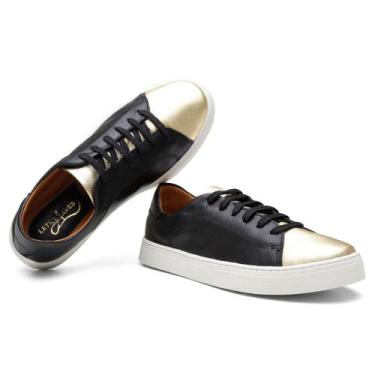 Imagem de Tenis Casual Feminino de Couro Liso Detalhe Metalizado com Sola Reta P