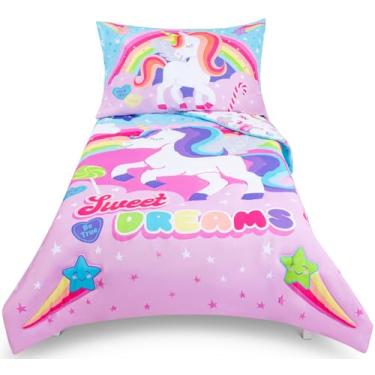 Imagem de Todays Kids Jogo de cama infantil de unicórnio para meninas - Jogo de cama infantil de 4 peças, edredom reversível e fronha, lençol de cima, lençol com elástico, respirável e microfibra super macia