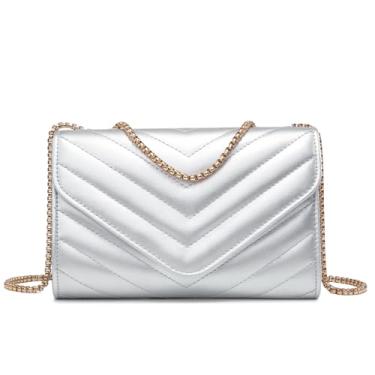 Imagem de Dasein Bolsas femininas pequenas acolchoadas com design elegante, bolsa clutch e bolsas de mão com alça de ombro de corrente, Prata