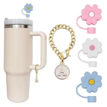 Imagem de Kit de Tampas para Canudo Formato Flor 3D com Corrente e Pingente Letra Inicial, Acessórios para Copo Térmico (Letra N)