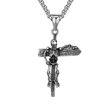 Imagem de Colar Hip Hop masculino vintage de aço inoxidável com pingente de cruz de esqueleto de crânio cristão crucifixo para homens e meninos, corrente de 61 cm