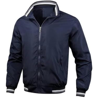 Imagem de Jaqueta Bomber De Verão Para Homens, Jaquetas De Beisebol Finas E Respiráveis Macias Jaquetas De Motociclista Soltas De Mangas Compridas Com Bolso Jaqueta Esportiva Casual Confor, navy, XL