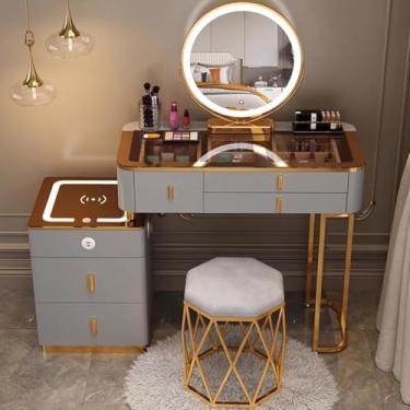 Imagem de Penteadeira Com Cadeira, Mesa De Vaidade Com Espelho E Luzes, Com Espelho De Escurecimento De Tela Sensível Ao Toque De 3 Cores, Conjunto De Mesa De Vaidade, Com 3 G, Brown Gray, 80.2x40x78cm