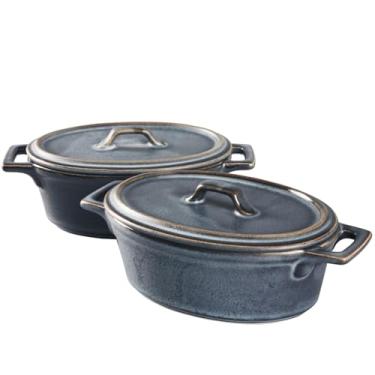 Imagem de jinsongdafa Conjunto de mini cocotte oval de cerâmica, caçarola pequena de 500 g com tampas e alças, ramequins individuais para assar, forno, micro-ondas e lava-louças (azul, 18 cm)