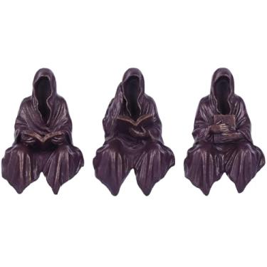 Imagem de Roupão roxo Grim Reaper sentado leitor conjunto de três peças, decoração de casa roxa, escultura gótica Grim Reaper, adequado para divisórias de escritório, estantes de livros, mesas, mesas de café