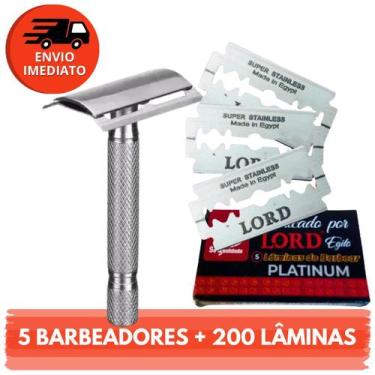 Imagem de Kit 05 Aparelho Barbeador Metal Clássico Manual Retrô E Lâmina Lord Pl