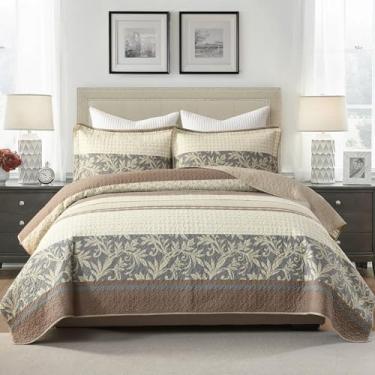 Imagem de DUOHONG Conjunto de colcha 100% algodão tamanho Queen – edredom acolchoado listrado, colcha queen botânica patchwork, cama de fazenda moderna leve para cama Queen, 3 peças, marrom/bege/cinza