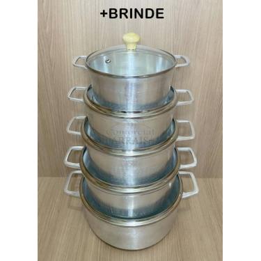 Imagem de Jogo De Panelas 5 Peças Alumínio Batido Fundido Tampa De Vidro - ARRAI