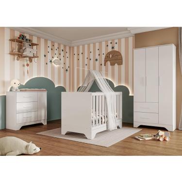 Imagem de Dormitório Infantil Popy Retrô Plus Guarda Roupa, Cômoda E Berço Branco Brilho - Móveis Peroba