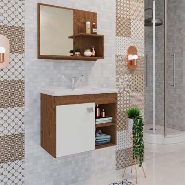 Imagem de Gabinete Banheiro em MDF com Espelheira 55 cm Bia MGM Amendoa/Branco