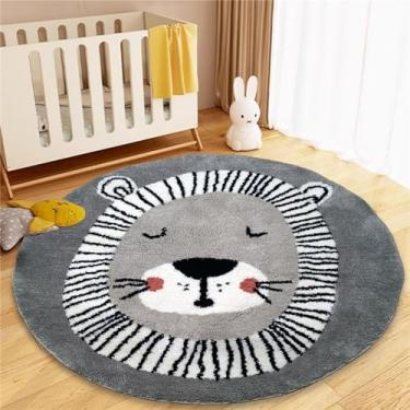 Imagem de Apioiqa Tapete de área de leão cinza, para meninos e meninas, tapete de engatinhar, cinza com desenho de leão, tapete de brinquedo de leão, 1,2 m, tapete redondo de animais para crianças, sala de