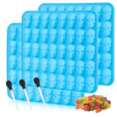 Imagem de PRETYZOOM 3 moldes de goma de caveira com conta-gotas, bandeja antiaderente de cabeça de esqueleto de Halloween com 40 cavidades, mini cabeça de caveira de silicone, doce de chocolate, molde de cubo