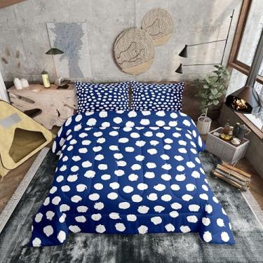 Imagem de Erosebridal Conjunto de cama retrô com bolinhas, tamanho casal, para crianças, meninos, meninas, pinceladas, azul marinho, branco, edredom para todas as estações