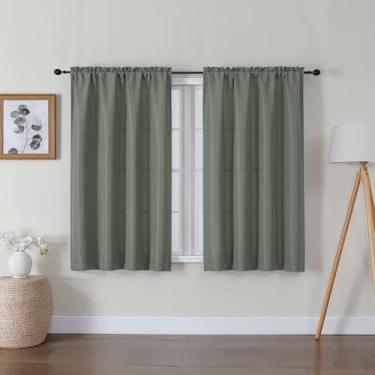 Imagem de Lecloud Bessie Cortinas curtas verde-oliva 113 cm de comprimento, 2 painéis, cortinas de filtro de luz de linho falso com dois bolsos de haste, cortina de janela pequena para quarto e sala de estar