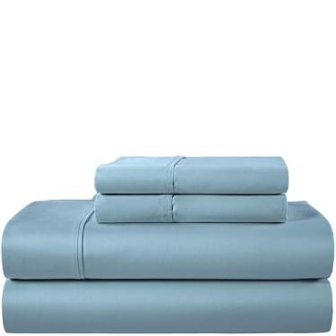 Imagem de Jogo de lençol casal de 400 fios, 100% algodão egípcio cetim trançado profundo conjunto de lençol e fronha cabe até 43 cm, roupa de cama azul luxuoso macio e respirável, lençóis de cama de algodão