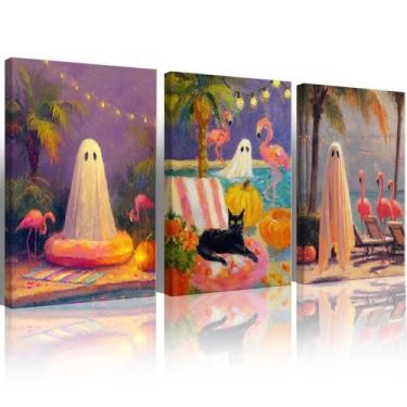 Imagem de 3 peças de arte de parede de festa na piscina de Halloween, estampa de pôster de fantasma de terror, gato preto, flamingo, praia, decoração de parede para casa, quarto, conjunto de 3 20 x 30 cm sem