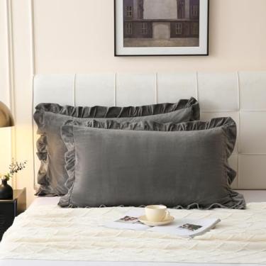 Imagem de Move Over Fronhas de veludo com babados cinza, Queen, cinza escuro, veludo, fronhas, design de franja, design luxuoso, fronhas com fecho de bolso, conjunto de 2