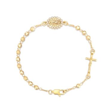 Imagem de Pulseira de rosário para mulheres com crucifixo católico, banhado a ouro 14K, Virgem Maria Jesus, pingente de cruz, presente religioso delicado da Virgem de Guadalupe para confirmação de batismo