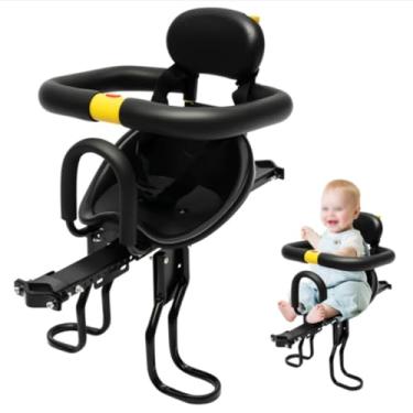 Imagem de Cadeira de criança de montagem frontal de bicicleta de liga de alumínio, cadeira de bebê portátil montada na frente da bicicleta, com guarda-corpo de segurança para bicicletas
