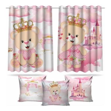 Imagem de Kit Cortina + 3 Capas Almofadas Infantil Ursinha Princesa 02 - Decoran