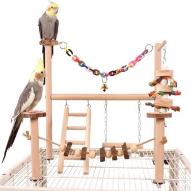 Imagem de Gaiola superior de parquinho de pássaros, brinquedos de mastigar e escada para pendurar na academia, gaiola com corrente colorida, sino de poleiro para conure, periquitos, periquitos, calopsitas