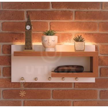 Imagem de Porta Chaves de MDF com Prateleiras e Ganchos (branco freijo)