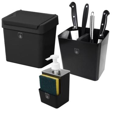 Imagem de Kit 3 Pç Dispenser Sabonete Líquido + Escorredor Talher + Lixeira 2,5L Cozinha Preto - Pop Crippa
