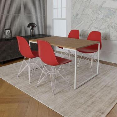 Imagem de Mesa Industrial Base Ferro Branco Tampo, Amêndoa 4 Cadeiras Ferro Bran