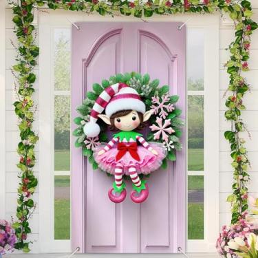 Imagem de BlissYard Merry Christmas, capa de porta de menina elfa, 188 x 89 cm, banners de porta de varanda para decoração de inverno, guirlanda rosa listrada, chapéu de doces para fundo de sinalização